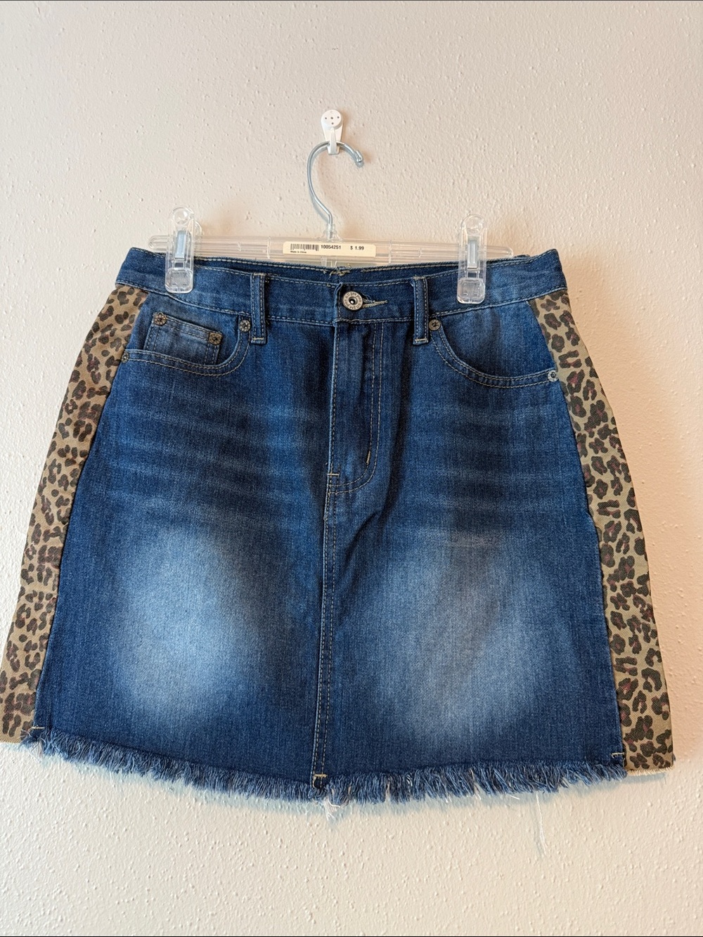 Umgee Dark Blue Denim Mini Skirt with Leopard Side Panels